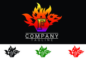 Fire letter F sticker, logo and icon design template