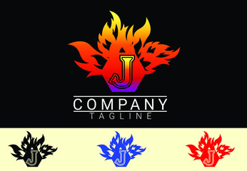 Fire letter J sticker, logo and icon design template