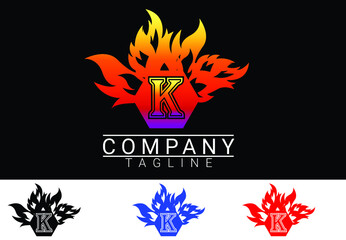 Fire letter K sticker, logo and icon design template