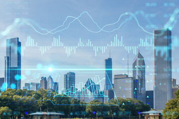 Plakat Chicago skyline, Butler Field towards financial district skyscrapers, day time, Illinois, USA. Parks and gardens. Forex graph hologram. The concept of internet trading, brokerage, fundamental analysis