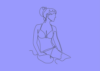 Woman sitting on the seashore sand. Vector Illustration for Beach Holidays, Summer vacation, Leisure, Recreation.Continuous line vector drawing. 