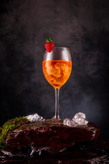 Weincocktail im Glas auf Schieferstein mit Moss und Wasserfall fotografiert