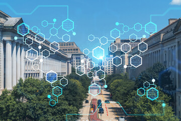 City view of iconic buildings in Washington DC, USA. Political core center of the United States of America. Decentralized economy. Blockchain, cryptography and cryptocurrency concept, hologram