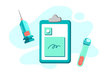 Composition of clipboard, syringe, test tube on abstract shapes. Flat vector.