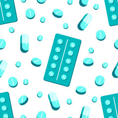 Different blue pills, drugs seamless pattern on white