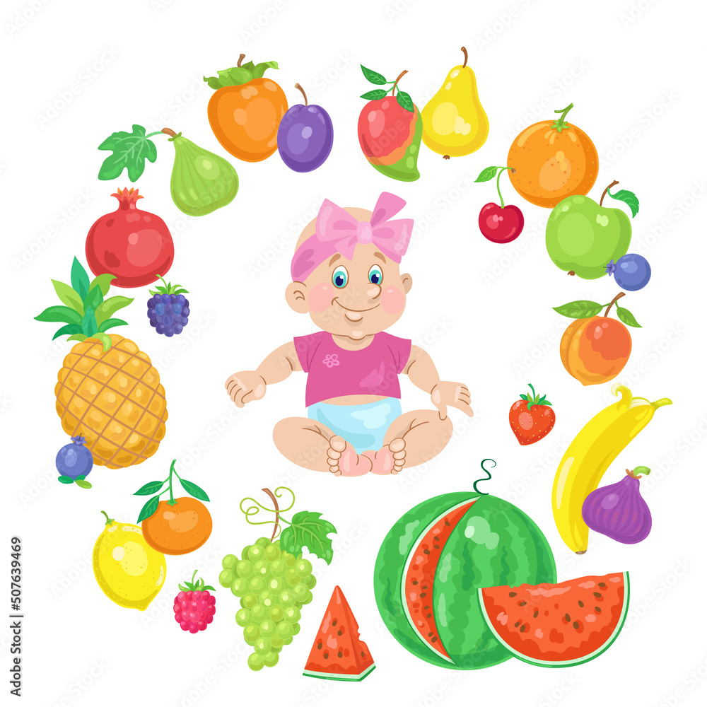 Canvas Prints Baby and healthy food. Happy little girl surrounded by colorful fruits. In cartoon style. Isolated on white background. Vector flat illustration