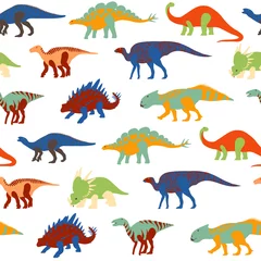 Behang Dinosaurussen Vector naadloos patroon van verschillende soorten kleurrijke dinosaurussen op een witte achtergrond