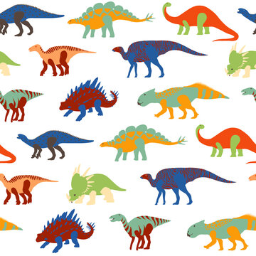 Vector seamless pattern of different types of colorful dinosaurs on a white background
