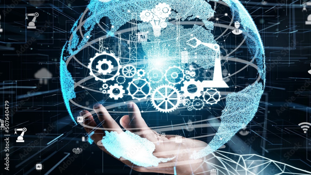 Poster futuristic industry 4.0 and inventive mechanized engineering concept with graphic user interface sho