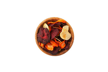 Vegetable chips (Beet, Potato, Carrot) or Dried veggies slices. Dehydrated vegetables in wooden bowl on white background, top view. Healthy vegan snacks