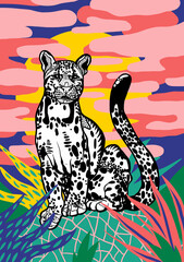 Leopard on a green hill with clouds and sun in nature