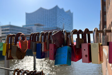 Love Locks hanging on a bridge in the Port of Hamburg