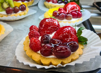 Assorted fruit pie, strawberry, pineapple, kiwi, mango, cherry