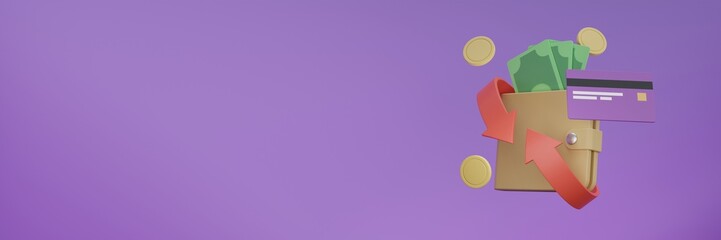 Minimal cashback refund with purse wallet banknote and coins money with simple red arrow rotate around on purple background 3D rendering banner illustration