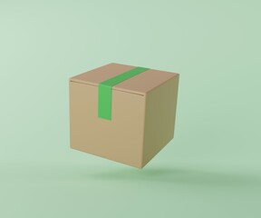 Levitate cardboard parcel box package for delivery service on green background 3D rendering illustration
