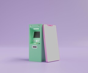 Smartphone lean on ATM automatic teller deposit machine as internet online transfer transaction 3D rendering illustration