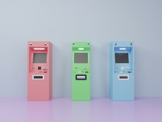Three colored ATM automatic teller machine or ADM automatic deposit machine located against the wall for financial online transaction 3D rendering illustration