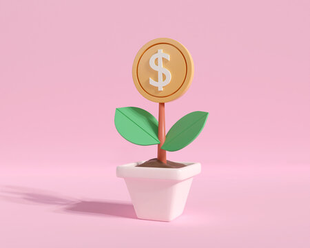 3D rendering tree with gold coin money in pot. saving money bank concept. business financial income investment. 3d render illustration cartoon minimal style. isolated on pink background.