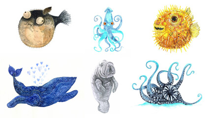 watercolor set of sea creatures, fish and mammals. Hand-drawn whales, sea monsters, squid, puffer fish, manatee.