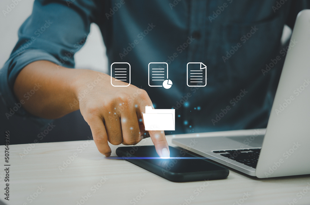 Poster businessman touching on icons on virtual screen enterprise resource planning erp document management