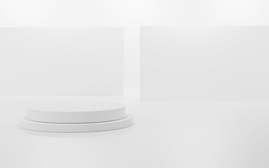 3d render of minimalist podium in white gray studio and lighting for product display.