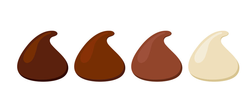 Chocolate chips for baking vector icon set. Drop dark, bitter, milky and white choco chunk for cookie cooking. Flat design cartoon style cacao sweet food morsel clip art illustration.