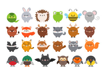 Circle cute forest animal faces icon set isolated on white. Cartoon round shape kawaii kids avatar character collection. Vector flat clip art illustration mobile ui game application wild animal asset.