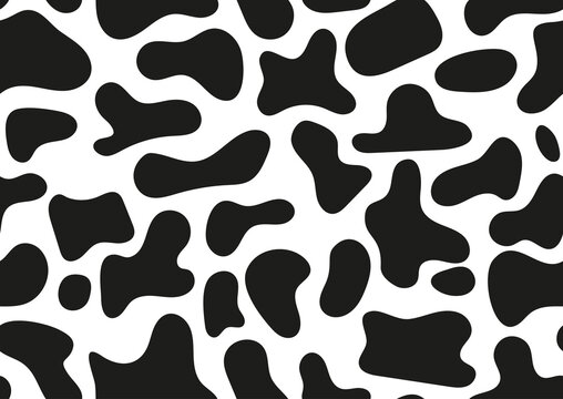 Dalmatian seamless pattern, animal print with skin spot texture. Absract shapes design  dog or cow black spots on white background for fibres and textile. Simple endless leather backdrop.