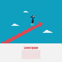 Business woman holding telescope standing on red arrow up go to success in career