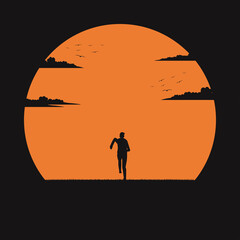 silhouette man run to the sunset