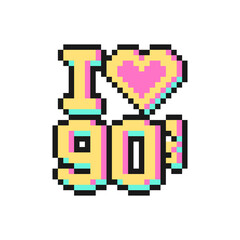 I love 90s text in pixel art style isolated on white background