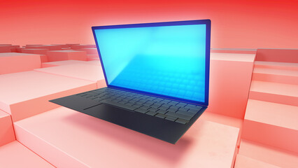 Laptop with bright blue screen and geometry background in perspective / Laptop flying about block