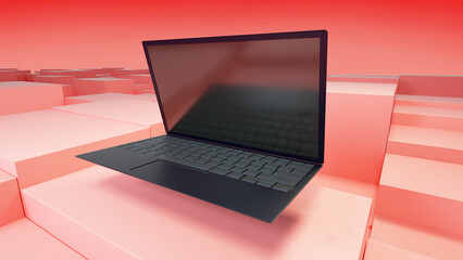 Laptop with black screen and geometry background in perspective / Laptop flying about block