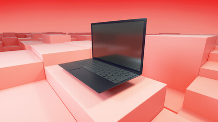Laptop with black screen and geometry background in perspective / Laptop flying about block