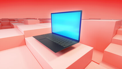 Laptop with bright blue screen and geometry background in perspective / Laptop flying about block