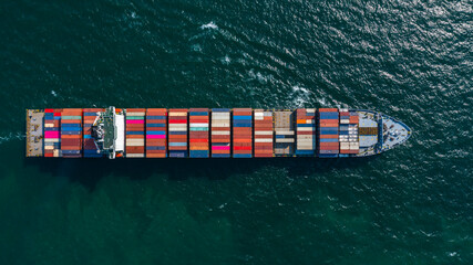 Aerial view container ship transporting freight cargo global business logistic import export international around the world, Container cargo freight shipping transportation.
