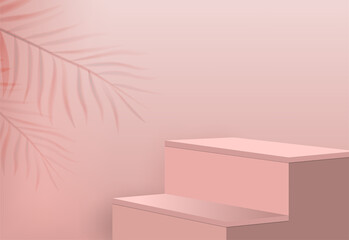 Realistic pink square podium stage with tropical leaf background