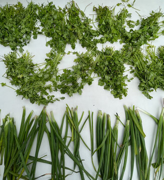 Onion leafs and mint kept ready for a Indian style cooking 