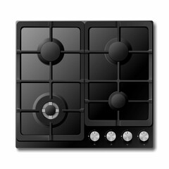 Gas cooking surface, 3d realistic vector kitchen appliance, cooktop, Surface of black gas hob isolated on white background