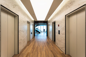 Elevator bay in modern high-rise leading to open lobby with floor to ceiling windows in...