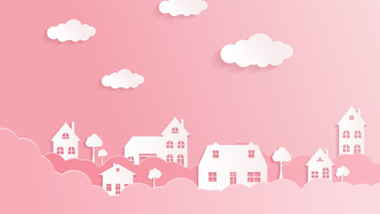 View of house with clouds in pink sky love and valentine's day illustration paper art