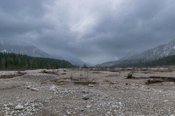 dried out riverbed of the Isar in winter (Bavaria, Germany)
