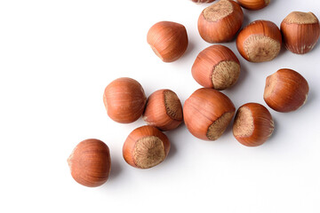 hazelnut top view ,brown full piece hazelnut,hazelnut on white isolated clipping path	
