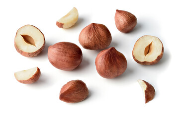 hazelnut slice ,brown full piece hazelnut,hazelnut on white isolated clipping path	
