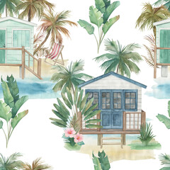 Watercolor seamless pattern wiyh houses and palm trees. Hand drawn illustration