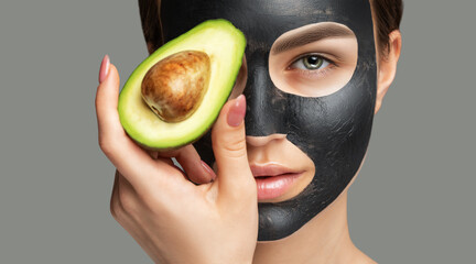 carbon peeling procedure to beautiful blue-eyed girl in a beauty salon. Girl with avocado.Hardware...