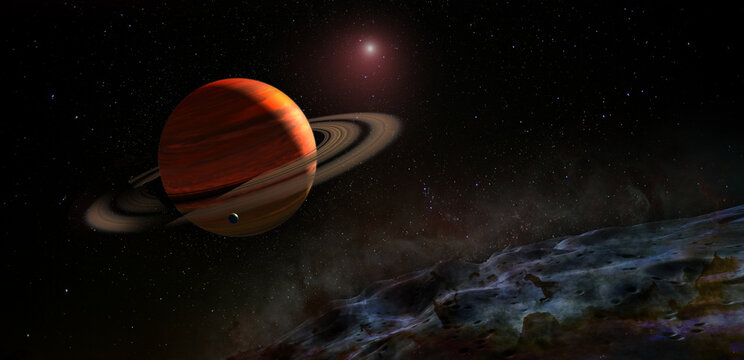 View from Titan moon on Saturn planet. Elements of this image furnished by NASA. - Powered by Adobe