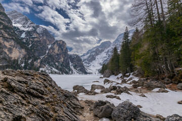 Naklejka na ściany i meble frozen Lake Braies (Pragser Wildsee, Dolomites, Italy)