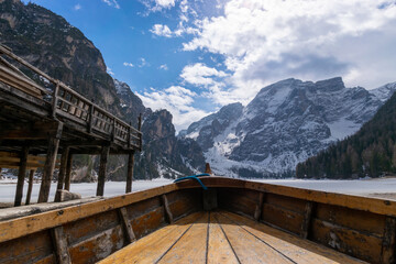 boats at the Lake Braies with alpine scenery