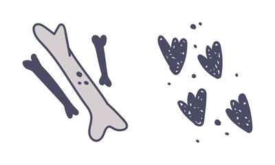 Prehistoric Dinosaur Grey Bones and Footprints Simple Doodle Vector Set